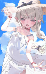 Rule 34 | 1girl, bare shoulders, black bow, blue sky, blush, bow, braid, cloud, collar, commentary request, day, dress, encha, fangs, grey hair, hair between eyes, hair bow, hat, highres, long hair, looking at viewer, low twin braids, makaino ririmu, makaino ririmu (3rd costume), multicolored hair, nijisanji, open mouth, outdoors, pink eyes, pink hair, pointy ears, red collar, sky, sleeveless, sleeveless dress, solo, streaked hair, sun hat, sundress, sweat, twin braids, very long hair, virtual youtuber, white dress