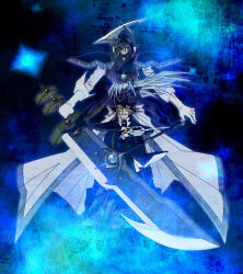 Rule 34 | 1girl, 2boys, black gloves, blue jacket, closed eyes, duel disk, duel monster, fake horns, gloves, hair over one eye, hat, helmet, holding, holding staff, holding sword, holding weapon, horned helmet, horns, iturou, jacket, long hair, multiple boys, muto yugi, silent magician, silent swordsman, staff, sword, weapon, white gloves, wizard hat, yu-gi-oh!, yu-gi-oh! duel monsters