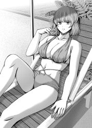 1girl absurdres arm_up bare_shoulders beach beach_chair beach_umbrella bikini breasts cleavage collarbone commentary_request feet_out_of_frame fingernails greyscale hand_on_own_shoulder highres large_breasts legs looking_at_viewer lying medium_hair monochrome navel open_mouth original solo swimsuit umbrella yamahata_rian