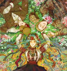 1girl 2boys army black_eyes blonde_hair blue_eyes blue_hair bow camouflage chamomile closed_eyes combat_helmet day embroidered_dress embroidery falling_petals field floral_background floral_print flower flower_field flower_wreath from_above gloves green_ribbon hair_ribbon head_wreath helmet highres historical_connection humanization jewelry long_hair long_sleeves looking_at_viewer lying makeup mazepynka military military_combat_uniform military_fatigues military_uniform mm14 multicolored_hair multiple_boys on_grass orange_ribbon original outdoors petals poppy_(flower) red_ribbon red_sash red_skirt ribbon russo-ukrainian_war sash scar scar_on_face scar_on_mouth skirt smile soldier teeth tryzub ukraine ukrainian_clothes ukrainian_flag ukrainian_ground_forces ukrainian_insurgent_army ukrainian_insurgent_army_flag upper_teeth_only very_long_hair vinok vixurozen white_gloves