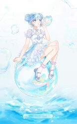 1girl absurdres air_bubble ankle_socks bare_arms beads blowing_bubbles blue_bow blue_hair blue_shoes blue_theme bow bubble chinese_commentary chinese_text collared_dress commentary_request confeitoo double_bun dress footwear_bow frilled_dress frilled_socks frills full_body hair_bun hair_ribbon high_heels highres looking_ahead multicolored_ribbon neon_bubbles_(shining_nikki) nikki_(series) ocean on_bubble polka_dot_sleeves puffy_short_sleeves puffy_sleeves pumps rainbow_gradient ribbon see-through_clothes see-through_sleeves shining_nikki shoes short_dress short_hair short_sleeves sitting socks solo translation_request waves wavy_hair white_background white_dress white_socks