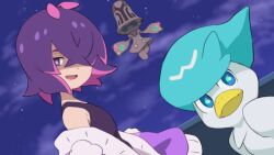 1girl beheeyem cardigan cloud commentary_request crossed_bangs dot_(pokemon) gen_5_pokemon hair_over_one_eye hitsugi_mc hypnosis looking_to_the_side mind_control multicolored_hair night nintendo off_shoulder open_mouth outdoors pink_hair pokemon pokemon_(anime) pokemon_(creature) pokemon_horizons purple_cardigan purple_eyes purple_hair quaxly shirt short_hair sky sleeveless sleeveless_shirt smile star_(sky) two-tone_hair