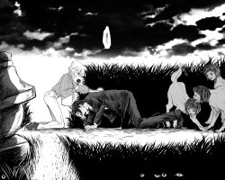 Rule 34 | 1boy, 1girl, asama hirotaka, bag, black hair, blonde hair, business casual, business suit, collared shirt, dog, extra eyes, fang, formal clothes, handbag, highres, horror (theme), human head, inubousaki shioi, monochrome, monster, nikubami honegishimi, outdoors, runarica0914, shirt, speech bubble, stone lantern, suit, sweater, vomiting rainbows