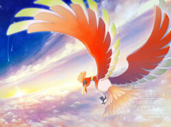 Rule 34 | above clouds, beak, bird, brown feathers, cloud, feathers, from behind, full body, gen 2 pokemon, highres, ho-oh, legendary pokemon, looking at viewer, looking back, midair, misubaru rin, nintendo, pokemon, pokemon (creature), red eyes, solo, sunset, talons, watermark