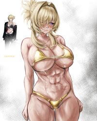 1girl abs absurdres artist_name bare_shoulders bikini blonde_hair blue_eyes breasts colycycle commentary english_commentary goddess_of_victory:_nikke gold_bikini grave_(beautiful_you)_(nikke) grave_(nikke) hair_intakes highres large_breasts navel reference_inset scar scar_on_stomach short_hair simple_background stomach swimsuit thighs toned toned_female white_background