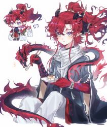 1boy absurdres arknights bag bead_bracelet beads bracelet carrot chibi chopsticks colored_extremities dragon dragon_boy dragon_horns dragon_tail eastern_dragon eastern_dragon_tail eating food green_eyes high_ponytail highres holding holding_chopsticks horns jewelry linlinzi195 long_hair looking_at_viewer male_focus multicolored_eyes pants plate pointy_ears ponytail red_hair scarf shopping_bag sitting spring_onion tail wavy_hair white_background white_pants yu_(arknights)