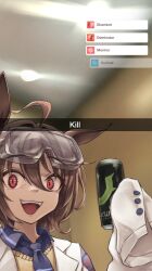 1girl agnes_tachyon_(umamusume) ahoge animal_ears black_necktie brand_name_imitation brown_hair can ceiling_light coat collared_shirt drink_can hair_between_eyes hand_up highres holding holding_can horse_ears horse_girl kyl490 lab_coat long_sleeves looking_at_viewer monster_energy necktie open_mouth red_eyes selfie shirt short_hair short_necktie sleeves_past_fingers sleeves_past_wrists solo teeth upper_teeth_only white_coat