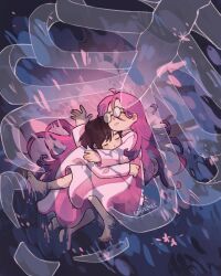 2girls alien_stage black_hair closed_eyes commentary dress edgichel english_commentary glasses highres hug long_hair long_sleeves mizi_(alien_stage) multiple_girls pink_hair ribs round_eyewear short_hair signature sleeping sua_(alien_stage) very_long_hair white_dress