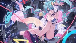 1girl ahoge animal_ears arm_behind_head arm_up armpits bare_shoulders between_legs black_choker black_shoes black_skirt black_socks blue_eyes blue_hair bow breasts cat_ears choker cleavage criss-cross_halter crop_top detached_sleeves floating_hair hair_bow halterneck hand_between_legs highres indie_virtual_youtuber lanmewko large_breasts long_hair looking_at_viewer microphone_stand midriff miniskirt multicolored_hair open_mouth outstretched_leg pleated_skirt prehensile_hair shirt shoes skirt sleeveless sleeveless_shirt smile socks solo spaghetti_strap speaker streaked_hair thighs twintails v-shaped_eyebrows very_long_hair virtual_youtuber white_shirt whitem_(whiteemperor2020)