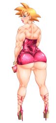 1boy ass blonde_hair blue_eyes clothes dragonball_z dress highres lipstick looking_back makeup male_focus muscular muscular_male open_mouth penis short_hair simple_background small_penis smile solo solo_focus son_goku suiren_ciao testicles white_background