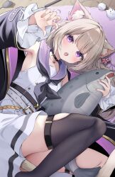 Rule 34 | 1girl, absurdres, animal ear piercing, animal ears, black choker, black neckerchief, black thighhighs, blonde hair, blush, choker, detached sleeves, fang, gomamiso (gomagoma bba), highres, looking at viewer, lying, neckerchief, neo-porte, open mouth, purple eyes, solo, stuffed toy, teeth, thighhighs, upper teeth only, virtual youtuber, yozuna niu