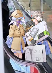bag blue_hair box brown_hat brown_jacket caelus_(honkai:_star_rail) contemporary escalator game_console geforce_rtx_5090 glasses grey_hair hat head_wings heart highres holding holding_box honkai:_star_rail honkai_(series) jacket long_hair mask mouth_mask non-web_source obgbegom original parody playstation_5 robin_(honkai:_star_rail) shopping shopping_bag short_hair smile trailblazer_(honkai:_star_rail) wings