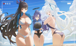 3girls absurdres ass battery_indicator bikini black_hair black_halo black_one-piece_swimsuit blue_archive blue_eyes blue_sky blush breasts cleavage closed_eyes commentary day halo highres large_breasts long_hair looking_at_viewer multiple_girls navel noa_(blue_archive) one-piece_swimsuit open_mouth ponytail recording red_eyes renn_01 rio_(blue_archive) sky smile swimsuit thighs very_long_hair white_bikini white_hair white_halo yuuka_(blue_archive)