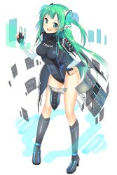 Rule 34 | 1girl, absurdres, aqua eyes, black boots, black gloves, black leotard, blush, boots, breasts, character request, covered navel, dot nose, female focus, fingerless gloves, full body, gloves, green hair, hair ornament, hand on own hip, happy, highres, holographic interface, index finger raised, interface, kaden shoujo, knee boots, leotard, long hair, medium breasts, numbers, official art, open mouth, percentage, round teeth, simple background, skin tight, smile, solo, standing, teeth, two side up, white background, white sleeves