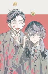 2boys :d ^_^ blood blood_on_clothes blood_on_face closed_eyes earrings emoji formal_clothes grey_background grey_hair hair_between_eyes hand_up highres jacket jewelry long_hair long_sleeves looking_at_viewer male_focus mole multiple_boys necktie open_mouth original qyzhiaiyisheng red_background shirt short_hair simple_background smile suit upper_body vest white_shirt