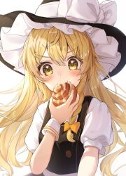 Rule 34 | 1girl, black hat, black vest, blonde hair, blush, bow, braid, commentary request, eating, food, food on face, food request, hair bow, happy, hat, hat bow, highres, holding, holding food, kirisame marisa, orange bow, puffy short sleeves, puffy sleeves, short sleeves, side braid, single braid, solo, touhou, vest, wheat retzel, white bow, witch hat, yellow eyes