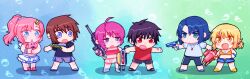 3boys 3girls ahoge amulet athrun_zala black_hair blonde_hair blue_eyes blue_hair brown_hair bubble cagalli_yula_athha chibi commentary_request green_eyes gundam gundam_seed gundam_seed_freedom hair_ornament haro highres holding holding_water_gun jewelry kimi88407604 kira_yamato lacus_clyne lunamaria_hawke multiple_boys multiple_girls necklace pink_hair ponytail purple_eyes red_eyes red_hair sandals shinn_asuka summer swimsuit water_gun yellow_eyes