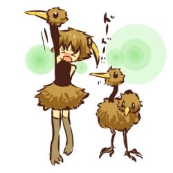 &gt;_&lt; 1990s_(style) 1girl armpits bare_shoulders bird boots brown_hair cheerleader closed_eyes creature_and_personification doduo elbow_gloves gen_1_pokemon gloves hitec moemon nintendo personification pokemon pokemon_(creature) pokemon_rgby puppet retro_artstyle shaking short_hair simple_background skirt sleeveless standing thigh_boots thighhighs translation_request trembling zettai_ryouiki