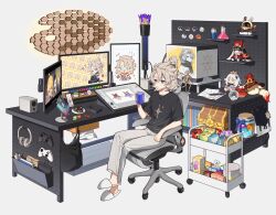 1boy aether_(genshin_impact) albedo_(genshin_impact) bag bangboo_(zenless_zone_zero) black_shirt blue_eyes bottle character_doll computer controller crossed_legs cup dodoco_(genshin_impact) doll electrical_outlet eous_(zenless_zone_zero) food furina_(genshin_impact) game_controller genshin_impact grey_hair grey_pants headphones hei_lang highres holding holding_cup honkai:_star_rail honkai_(series) lumine_(genshin_impact) male_focus mavuika_(genshin_impact) mihoyo mini_durin_(genshin_impact) monitor nahida_(genshin_impact) paimon_(genshin_impact) pants plate pom-pom_(honkai:_star_rail) raiden_shogun shirt shoes short_sleeves simple_background sitting slime_(genshin_impact) slippers stuffed_toy tablet_pc treasure_chest venti_(genshin_impact) white_shoes zenless_zone_zero zhongli_(genshin_impact)