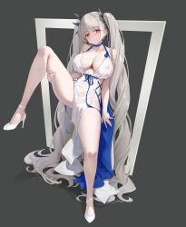 1girl absurdly_long_hair absurdres azur_lane blue_choker blue_ribbon blunt_bangs blush breasts choker classic_(zildjian33) cleavage closed_mouth collarbone covered_erect_nipples dress formidable_(anniversary_memories)_(azur_lane) formidable_(azur_lane) grabbing_own_thigh grey_background grey_hair hair_ornament halter_dress halterneck high_heels highres large_breasts leg_lift leg_up long_hair looking_at_viewer official_alternate_costume pelvic_curtain red_eyes ribbon shoes sideless_dress simple_background sitting sleeveless sleeveless_dress solo thighs twintails two-sided_dress two-sided_fabric very_long_hair white_dress white_shoes