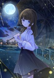 1girl blue_eyes blunt_bangs blush breasts brown_hair cloud commentary_request cowboy_shot floating_clothes from_side full_moon grey_skirt handrail head_tilt highres holding holding_umbrella light_particles long_hair long_sleeves looking_at_viewer looking_to_the_side medium_breasts moon night night_sky original outdoors parted_lips pier railing rain raised_eyebrows reflection reflective_water safuapurin see-through_skirt_layer shirt skirt sky skyline solo standing star_(sky) tareme transparent transparent_umbrella turning_head umbrella umbrella_over_shoulder water white_shirt