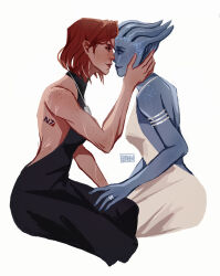 2girls absurdres armlet asari_(mass_effect) back_cutout black_dress blue_skin clothing_cutout colored_skin commentary couple dress elithien english_commentary highres jewelry liara_t&#039;soni looking_at_another mass_effect_(series) mass_effect_1 multiple_girls necklace red_hair ring short_hair simple_background sitting white_background white_dress