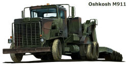 camouflage kcme lowboy_(trailer) lowboy_trailer military military_truck military_vehicle motor_vehicle no_humans original oshkosh_m911 semi_truck trailer truck vehicle_name white_background