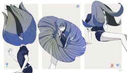 Rule 34 | 1other, blue eyes, blue hair, colored skin, floating hair, flower-shaped hair, formal clothes, gem uniform (houseki no kuni), highres, houseki no kuni, lapis lazuli (houseki no kuni), long hair, mt5 014, multiple views, other focus, puffy short sleeves, puffy sleeves, short shorts, short sleeves, shorts, simple background, sitting, standing, suit, very long hair, white skin