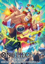 1boy bashikou black_pants clenched_teeth commentary_request copyright_name glasses headphones high_collar looking_at_viewer male_focus musical_note official_art one_piece one_piece_card_game pants pebble ponytail sash scratchmen_apoo smile solo teeth yellow_sash