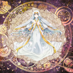 Rule 34 | 1girl, blue eyes, blue hair, book, cape, female focus, own hands clasped, highres, hood, index (toaru majutsu no index), library, long hair, magic circle, matching hair/eyes, own hands together, robe, smile, solo, toaru majutsu no index, wolf025