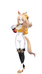 Rule 34 | 1girl, aiguillette, animal ears, asymmetrical footwear, black footwear, blonde hair, blue eyes, bodysuit, bodysuit under clothes, colored inner hair, cowboy shot, cropped jacket, durandal (umamusume), ear covers, epaulettes, fourragere, frilled sleeves, frills, game model, gloves, highres, horse ears, horse girl, horse tail, jacket, long hair, long sleeves, looking at viewer, multicolored hair, official art, orange jacket, outside border, ponytail, simple background, single ear cover, solo, tail, two-tone hair, umamusume, white background, white bodysuit, white gloves