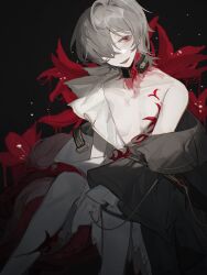 1043933814 1boy armor bandaid bandaid_on_hand bare_legs bare_pectorals black_background black_collar breastplate character_request coat coat_partially_removed collar collarbone collared_coat collared_shirt detached_collar eyelashes feet_out_of_frame floral_background flower flower_tattoo frilled_sleeves frills grey_coat grey_hair hair_over_one_eye head_tilt highres intravenous_drip layered_sleeves light_particles long_sleeves looking_at_viewer loose_hair_strand male_focus morimens open_mouth partially_undressed pectorals pink_eyes red_flower shirt short_hair single_bare_shoulder smile solo tattoo white_shirt