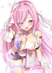 1girl black_shorts corset diamond-shaped_pupils diamond_(shape) elf elysia_(herrscher_of_human:_ego)_(honkai_impact) elysia_(honkai_impact) gloves highres honkai_(series) honkai_impact_3rd long_hair looking_at_viewer pink_hair pointy_ears purple_eyes purple_hair pxz_(ansony9898) reaching reaching_towards_viewer short_shorts shorts simple_background solo symbol-shaped_pupils thighs triquetra veil very_long_hair white_background white_corset white_gloves white_veil