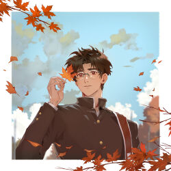 1boy autumn_leaves bandal blue_sky border brown_eyes cloud gakuran glasses highres holding holding_leaf kogure_kiminobu leaf long_sleeves male_focus maple_leaf parted_lips school_uniform short_hair sky slam_dunk_(series) upper_body white_border