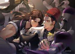 Rule 34 | 2boys, atum (stand), black sweater, brown eyes, brown hair, closed mouth, coat, cream (stand), earrings, green eyes, highres, jewelry, jojo no kimyou na bouken, long hair, long sleeves, multiple boys, parted lips, sleeveless, sleeveless jacket, stardust crusaders, sweater, teeth, terence t. d&#039;arby, turtleneck, turtleneck sweater, vanilla ice, white coat, zouhyou (at4190)