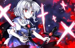 Rule 34 | 1girl, cape, cross, danmaku, doll, dress, female focus, kioh gyoku, mirei (miirei), muse (seihou), red eyes, ribbon, seihou, short hair, short sleeves, silver hair, solo