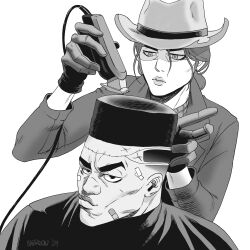 1boy 1girl absurdres bandaid bandaid_on_cheek bandaid_on_face barber_cape choso_giving_toudou_a_haircut_(meme) commentary courier_(fallout:_new_vegas) cowboy_hat decomposedtaco english_commentary fallout fallout:_new_vegas flattop gloves greyscale hair_clipper hat highres holding holding_hair_clipper jacket meme monochrome puckered_lips raised_eyebrow rose_of_sharon_cassidy scar signature smile