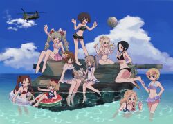 Rule 34 | 6+girls, absurdres, afloat, aircraft, akiyama yukari, american flag, american flag bikini, american flag print, anchovy (girls und panzer), arm up, ball, barefoot, beachball, bikini, bikini shorts, bikini skirt, black bikini, blonde hair, blue bikini, blue eyes, blue one-piece swimsuit, blue ribbon, blue sarong, blue sky, bob cut, boko (girls und panzer), braid, breasts, brown eyes, camouflage, camouflage bikini, camouflage shorts, ch-47 chinook, chouno ami, cloud, cloudy sky, commentary, darjeeling (girls und panzer), drill hair, emblem, eyewear on head, fang, flag print, flag print bikini, flower, food print, front-tie bikini top, front-tie top, fruit print, girls und panzer, green bikini, green hair, hair flower, hair ornament, hair ribbon, halterneck, hand on own hip, heart, heart-shaped eyewear, helicopter, hibiscus, highres, horizon, innertube, kadotani anzu, katyusha (girls und panzer), kay (girls und panzer), kneeling, light brown hair, long hair, looking at another, looking at viewer, marie (girls und panzer), medium breasts, medium hair, military vehicle, motor vehicle, multiple girls, name tag, navel, nishizumi miho, ocean, old school swimsuit, on tank, one-piece swimsuit, one eye closed, one side up, outdoors, parted bangs, pink bikini, pink flower, playing, pointing, print bikini, red bikini, red flower, red ribbon, ri (qrcode), ribbon, sailor collar, sarong, school swimsuit, shell hair ornament, shimada arisu, short hair, shorts, sitting, skin fang, sky, soaking feet, standing, star (symbol), star hair ornament, starfish hair ornament, strapless, strapless bikini, stuffed animal, stuffed toy, sunglasses, sweatdrop, swim ring, swimsuit, swimsuit skirt, tank, teddy bear, turtleneck, twin braids, twin drills, twintails, type 74 (tank), watermelon print, waving, white bikini, white one-piece swimsuit, white ribbon