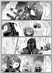 Rule 34 | 1other, 2girls, :d, ?, ^ ^, absurdres, amesaki vanilla, amiya (arknights), arknights, blush, chibi, closed eyes, closed mouth, commentary request, detached wings, doctor (arknights), earrings, exusiai (arknights), exusiai the new covenant (arknights), goldenglow (arknights), greyscale, hair between eyes, halo, highres, holding, hood, hood up, indoors, jewelry, lemuen (arknights), monochrome, multiple girls, notice lines, one side up, open mouth, short hair, sitting, smile, sound effects, speech bubble, spoken question mark, sweatdrop, thighhighs, traditional halo, translation request, wings