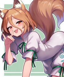 1girl all_fours animal_ears blush brown_eyes brown_hair commentary_request fox_ears fox_girl fox_shadow_puppet fox_tail green_ribbon hair_between_eyes highres kisaragi_koushi kudamaki_tsukasa looking_at_viewer open_mouth puffy_short_sleeves puffy_sleeves ribbon short_sleeves solo tail touhou white_romper