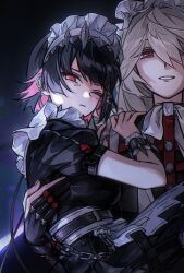 Rule 34 | 2girls, anastella (zenless zone zero), black hair, ellen joe, gloves, highres, light smile, looking at viewer, maid headdress, medium hair, multiple girls, one eye closed, one eye covered, partially fingerless gloves, red eyes, short sleeves, sonnambulo777, zenless zone zero