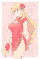 1girl agnes_claudel arm_behind_back blonde_hair blue_eyes blush bracelet braid breasts bun_cover china_dress chinese_clothes cleavage cleavage_cutout closed_mouth clothing_cutout double_bun dress eiyuu_densetsu flower hair_bun hair_flower hair_ornament highres jewelry kuro_no_kiseki_(series) large_breasts long_hair looking_at_viewer poki_(as9861164216765) red_dress short_sleeves side_slit smile solo thick_thighs thighs very_long_hair