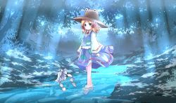 1girl barefoot blonde_hair blue_eyes brown_hat female_focus forest gohei hair_ribbon haraegushi hat highres moriya_suwako nature oonusa ribbon risutaru river scenery soaking_feet solo stream touhou wading water wide_sleeves