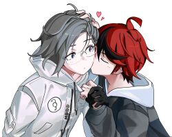 Rule 34 | 2boys, absurdres, ahoge, aotsuki eito, black gloves, black hair, black hoodie, blue eyes, closed eyes, flipped hair, glasses, gloves, grey hair, hand on another&#039;s head, highres, hood, hood down, hoodie, kiss, kissing cheek, male focus, multicolored hair, multiple boys, red hair, rimless eyewear, runehuton801, short hair, simple background, sumino takumi, the hundred line -last defense academy-, two-tone hair, upper body, white background, white hoodie, yaoi