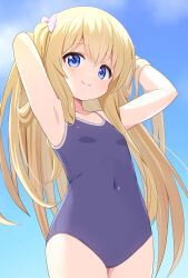 1girl blonde_hair blue_eyes blue_one-piece_swimsuit blue_school_swimsuit blue_sky bow character_request competition_school_swimsuit covered_navel cowboy_shot female_focus hair_bow hair_ornament highres mogura2009 one-piece_swimsuit original pink_bow school_swimsuit sky solo swimsuit