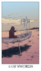 black_cloak black_hood blue_sky boat border card_(medium) cloak cloud cloudy_sky day english_text floating gradient_sky highres horizon jessica_hayworth minor_arcana_(tarot) original outdoors rainbow_order rowing scenery shadow sky solo surreal sword tarot tarot_(medium) watercraft weapon white_border