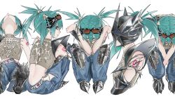 Rule 34 | 1girl, alternate costume, aqua eyes, aqua hair, arm guards, armor, armored boots, arms between legs, baggy pants, bat wings, belt, blue pants, boots, breasts, castt77, crop top, cross, cross patonce, cyber fashion, cyber sigilism, denim, expressionless, from above, from below, from side, goggles, goggles on head, greek cross, grey shirt, hair between eyes, hair ornament, hatsune miku, helm, helmet, highres, jeans, looking at viewer, looking back, midriff, mini wings, multicolored eyes, multiple views, number tattoo, pale skin, pants, parted lips, pauldrons, red eyes, shirt, short hair, shoulder armor, shoulder tattoo, sidelocks, sitting, sleeveless, sleeveless shirt, small breasts, spiked hair, tattoo, twintails, two-tone eyes, vocaloid, white background, white belt, white wings, wings, y2k fashion