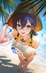 Rule 34 | 1girl, aqua eyes, bare legs, bare shoulders, belle (summer skies) (zenless zone zero), belle (zenless zone zero), black hat, blue hair, bracelet, breasts, bucket hat, cleavage, commentary, earrings, english commentary, from above, hair between eyes, hand on headwear, hand on own knee, hat, highres, jewelry, large breasts, legs, light blush, looking at viewer, nail polish, necklace, ocean, off-shoulder shirt, off shoulder, open mouth, orange shorts, outdoors, paid reward available, shirt, short hair, shorts, smile, solo, thighs, white shirt, yonesdraws, zenless zone zero