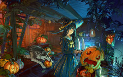 1girl animal artist_name black_hair blue_fire bookshelf braid chimney closed_mouth dress fire hair_over_shoulder hat highres holding holding_knife indoors jack-o&#039;-lantern kitchen_knife knife lantern long_hair neckerchief original plant pumpkin smile solo stairs witch witch_hat wolf yellow_neckerchief yuumei