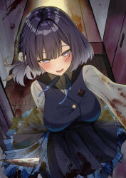 1girl absurdres blood blood_on_clothes blood_on_face blood_splatter bloody_knife blue_overskirt blue_ribbon blue_skirt blue_vest blush bob_cut breasts commentary_request doorway gakuen_idolmaster hataya_misuzu hatsuboshi_gakuen_school_uniform highres holding holding_knife idolmaster kitchen_knife knife medium_breasts neck_ribbon pov_doorway purple_eyes purple_hair ribbon school_uniform shirt short_hair skirt skirt_set smile solo vest white_shirt yandere yukarigaoka